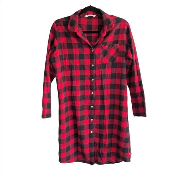 Woolrich Buffalo Check Flannel Button Front Long Sleeve Nightgown Black Red M - Picture 2 of 9